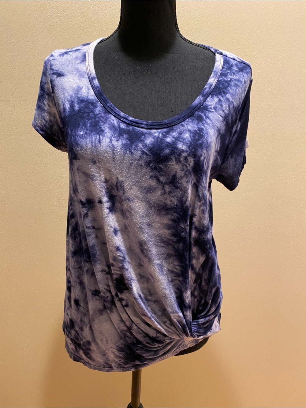 ONE WORLD Navy Tie-Dye Scoop Neck Short Sleeve Top